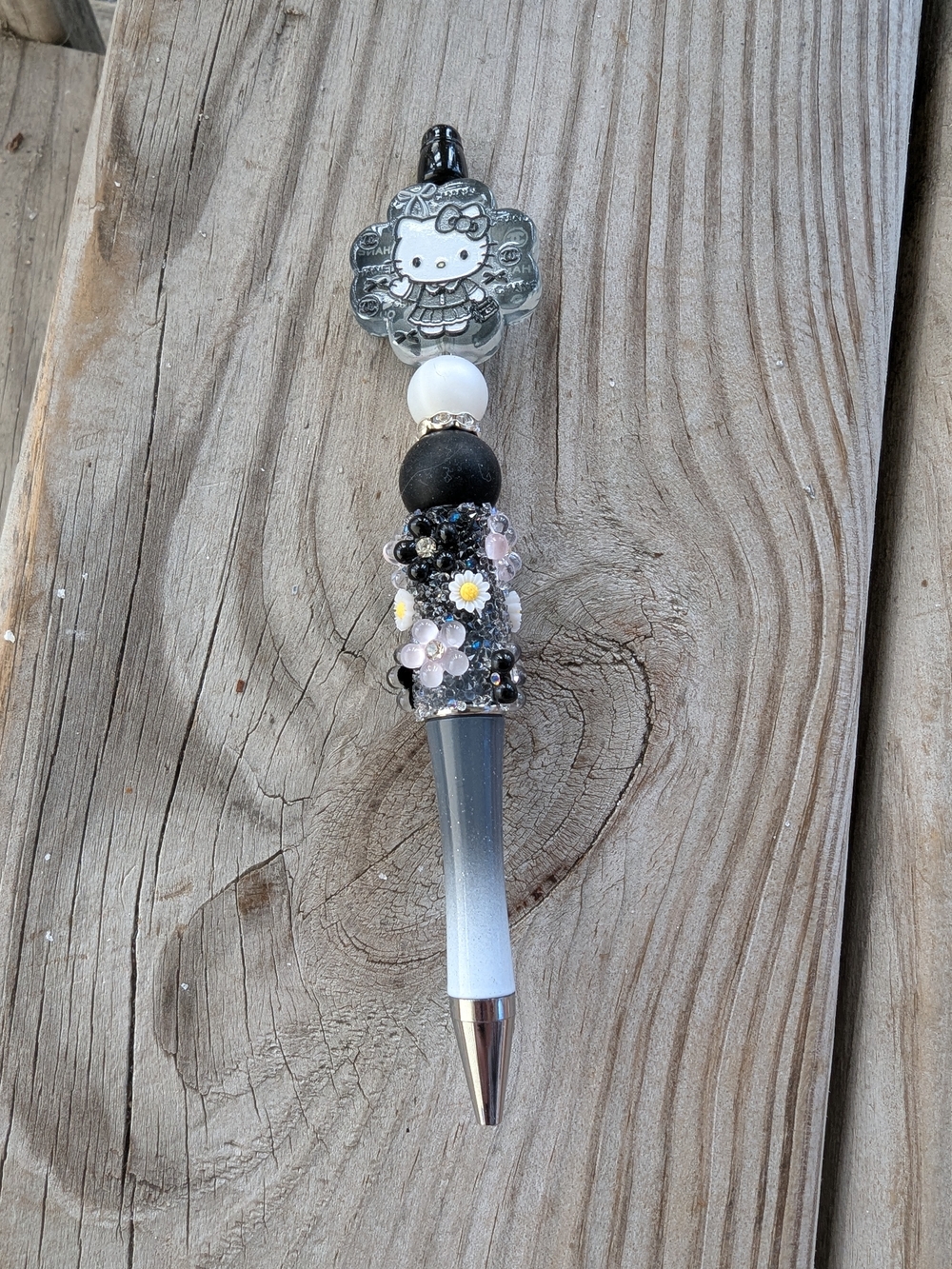 Hello Kitty Decorative Flower Bead Pen - Black, White & Gray